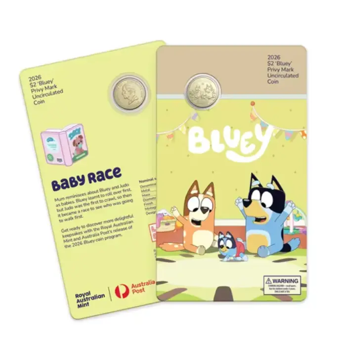 2026 $2 BLUEY CARDED COIN SET WITH PRIVY MARK - 5 CARDED COIN SET