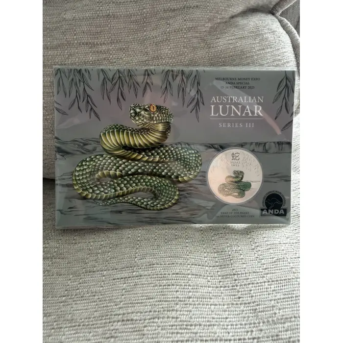 2025 Year of the Snake 1oz Silver colour coin in card Melbourne Money Expo ANDA