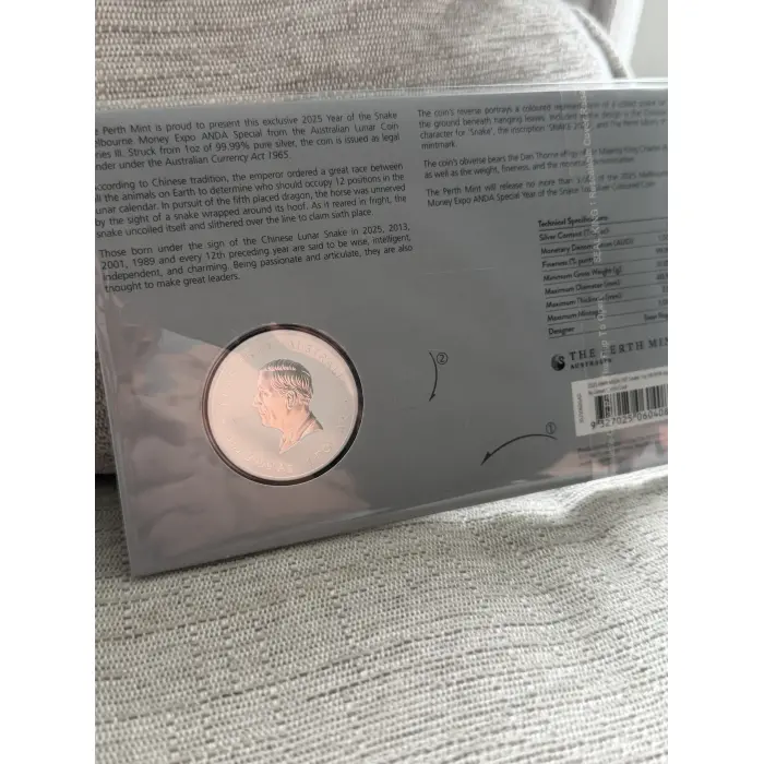 2025 Year of the Snake 1oz Silver colour coin in card Melbourne Money Expo ANDA