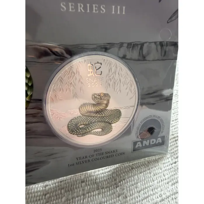 2025 Year of the Snake 1oz Silver colour coin in card Melbourne Money Expo ANDA