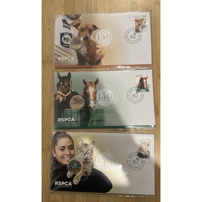 2021 Australia PNC RSPCA 150 Years Horse, Cat, Dog Set, $1 Dollar Coloured Coin