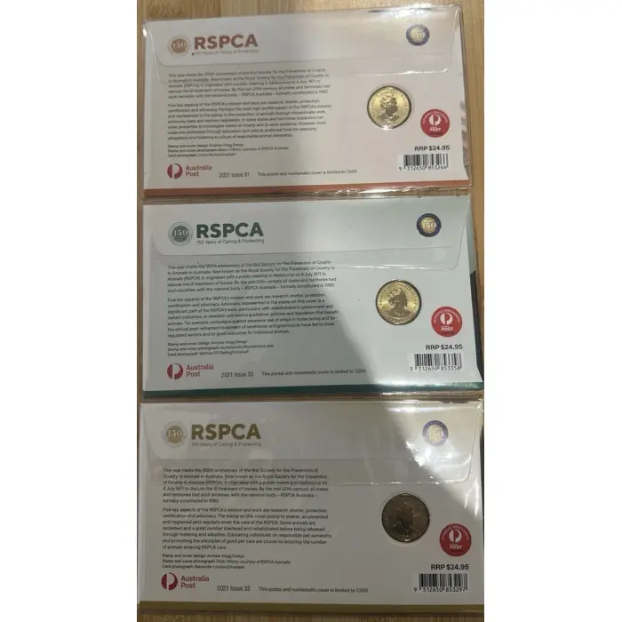 2021 Australia PNC RSPCA 150 Years Horse, Cat, Dog Set, $1 Dollar Coloured Coin
