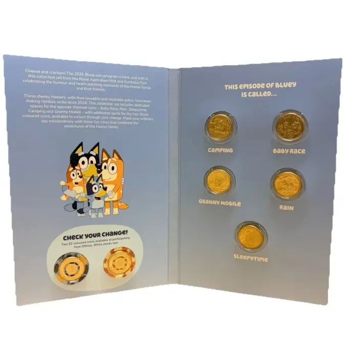 COIN PARKING DELIVERY 『Family vol.2』 2026 BLUEY $2 COMPLETE SET OF 7 COINS INCLUDE THE 2 COLOUR TILL