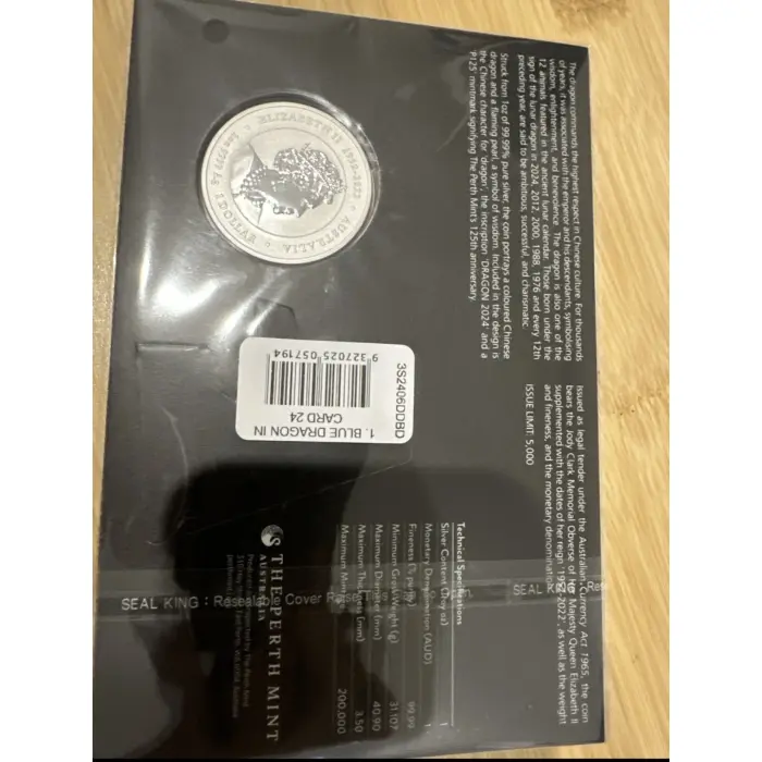 2024 Lunar Series III Year of the Blue Dragon 1oz Silver Coloured Coin in Card