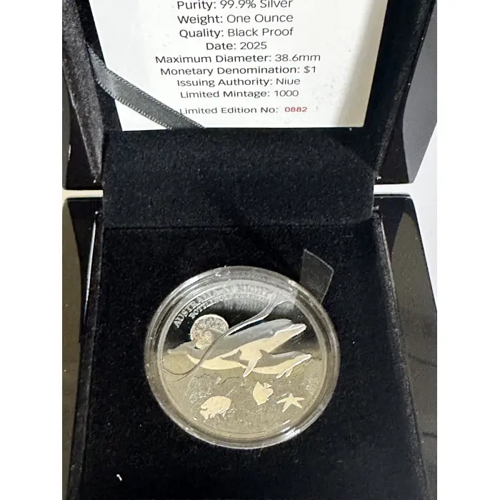 2025 1oz Silver Black Proof Aust at Night - Bottlenose dolphin