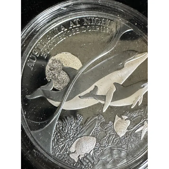 2025 1oz Silver Black Proof Aust at Night - Bottlenose dolphin
