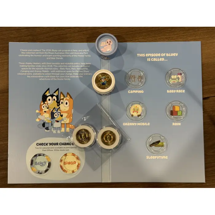 COLOURED SLEEPYTIME - 2026 Bluey $2 UNC Collector Folder + 2 coloured till coins