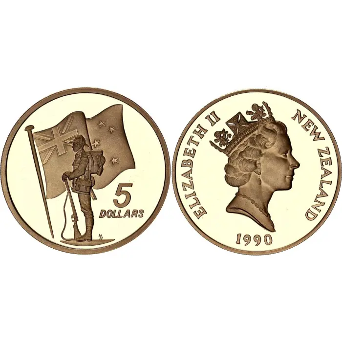 1990 Reserve Bank of New Zealand ANZAC $5 Proof Coin - Boxed