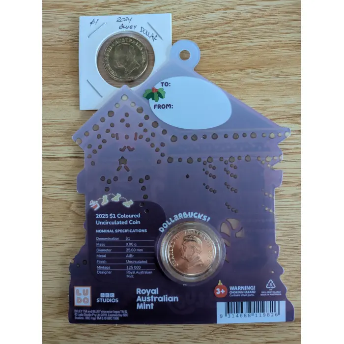 2025 $1 Coloured Uncirc Bluey Christmas + $1 2024 Bluey Dollar