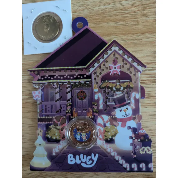 2025 $1 Coloured Uncirc Bluey Christmas + $1 2024 Bluey Dollar