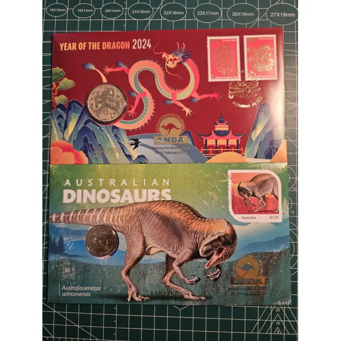 2024 Melbourne money expo ANDA overprint pnc matching no's yr dragon, dinosaurs 