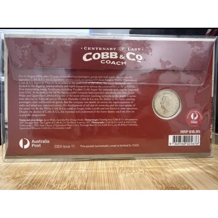 2024 $1 Centenary of Cobb & Co's Last Coach Passenger Service UNC Coin Stamp PNC