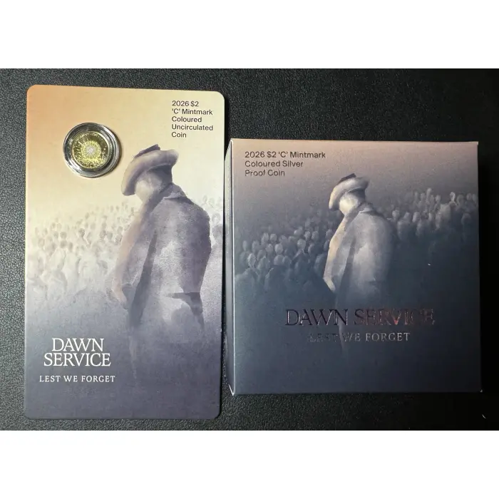 2026 $2 Dawn Service ‘C’ Mintmark  Silver Proof Coin and $2 C-Mint on Card