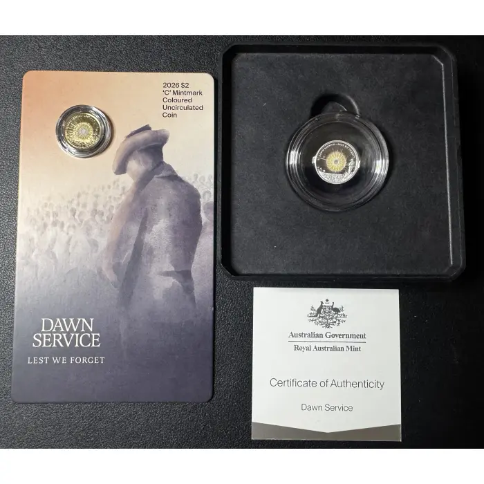 2026 $2 Dawn Service ‘C’ Mintmark  Silver Proof Coin and $2 C-Mint on Card