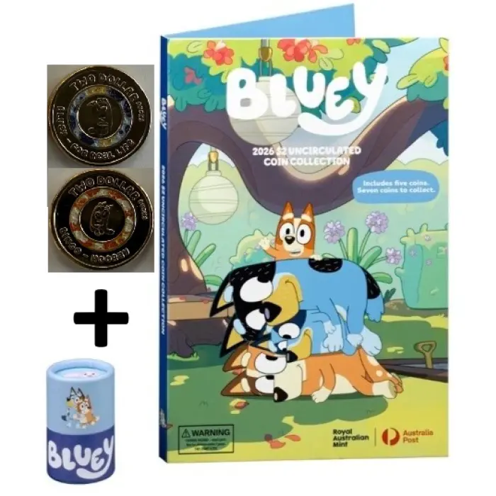 2026 $2 Bluey Unopened Tube/Folder set INCLUDES 2 x TILL COINS 