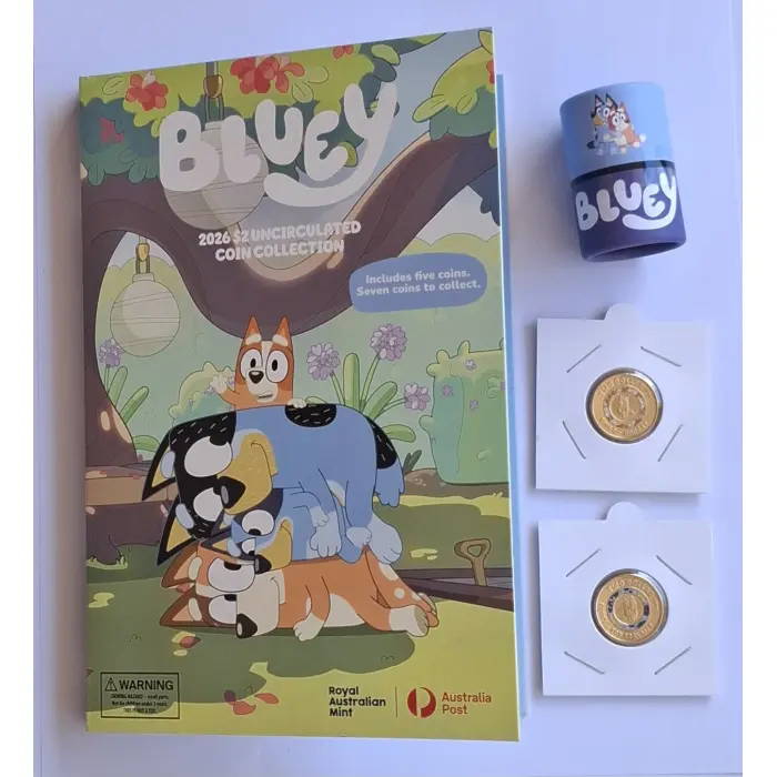 2026 $2 Bluey Unopened Tube/Folder set INCLUDES 2 x TILL COINS 