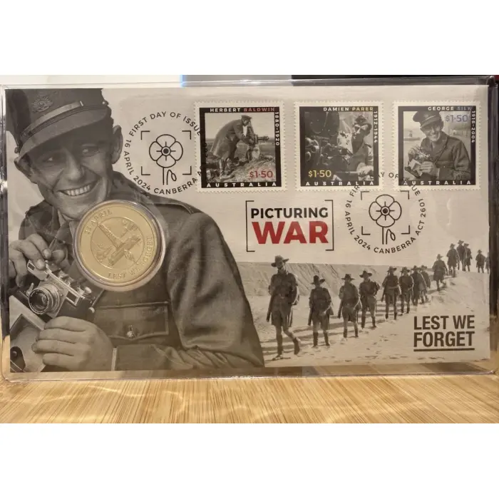 2024 Australia, Picturing War Lest We Forget Anzac Day $1 Coin and Stamps PNC