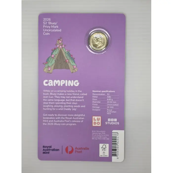 Bluey 2026 $2 Coin in Card with Privy Mark – Camping