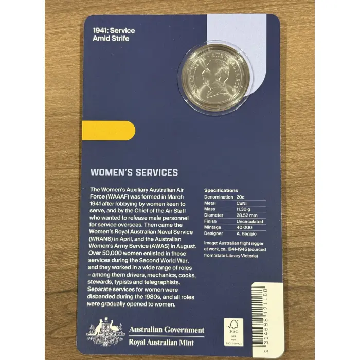 2026 20c Coloured Uncirculated 1941: Service Amid Strife - WOMEN'S SERVICES