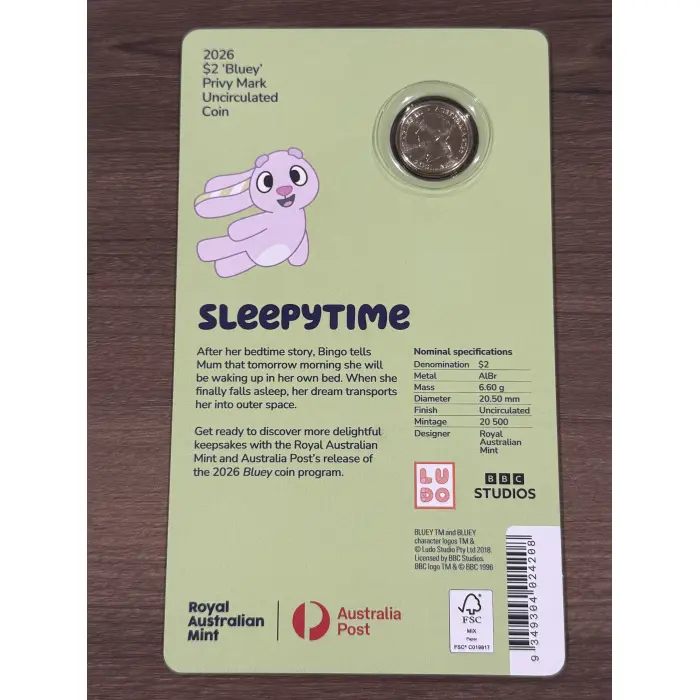 Bluey 2026 $2 Coin in Card with Privy Mark – Sleepy Time