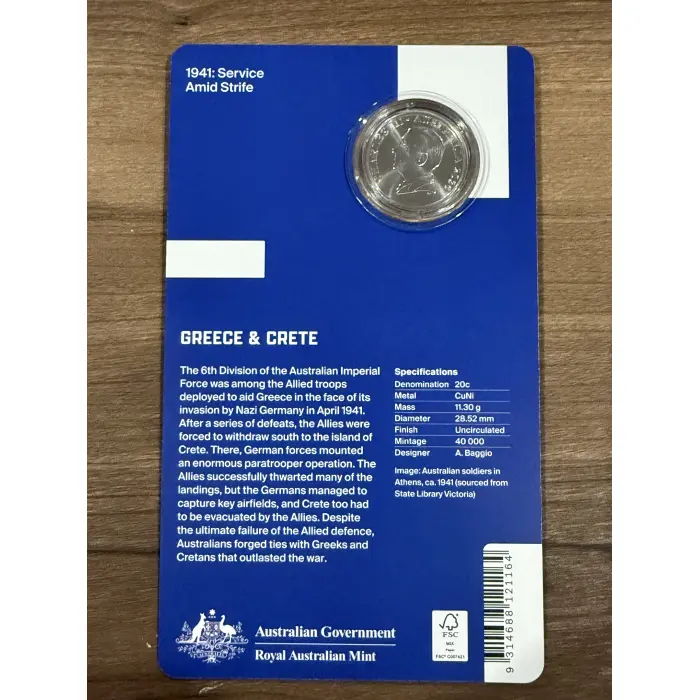 2026 20c Coloured Uncirculated 1941: Service Amid Strife - GREECE & CRETE
