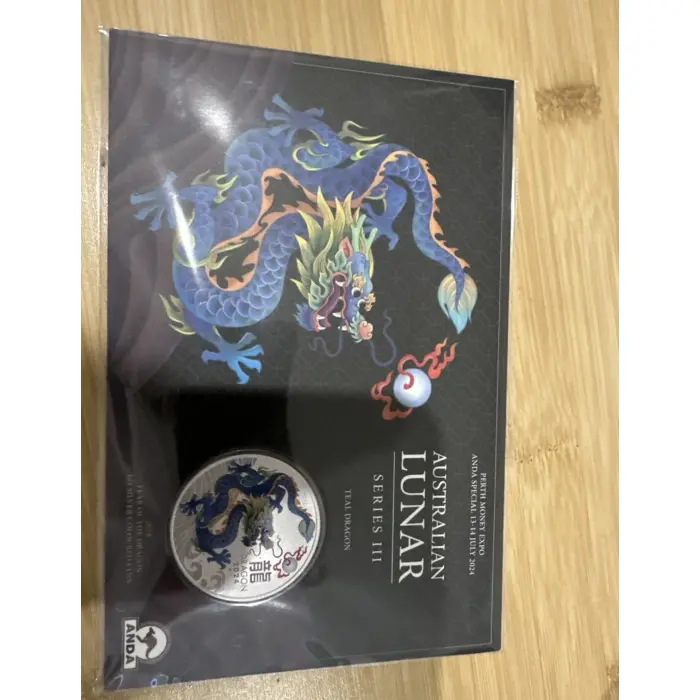 2024 Lunar Series III Year of the Teal Dragon 1oz Silver Coloured Coin in Card