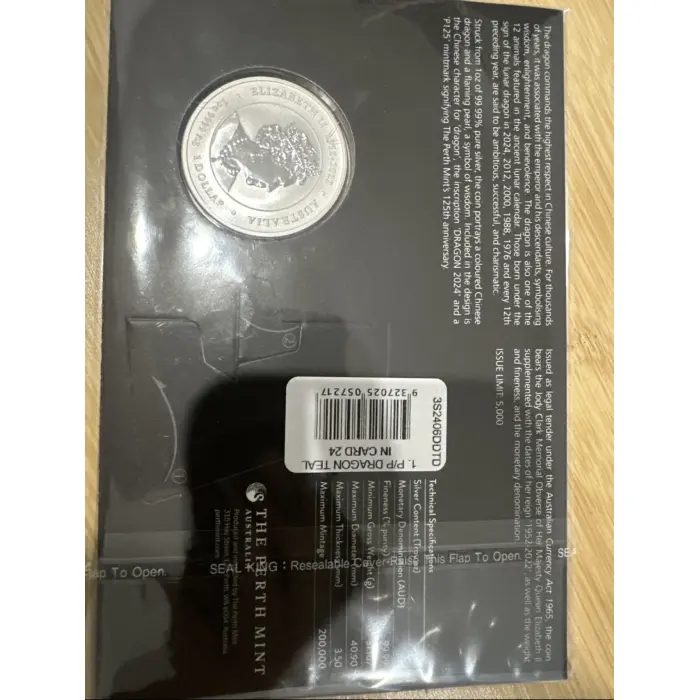 2024 Lunar Series III Year of the Teal Dragon 1oz Silver Coloured Coin in Card