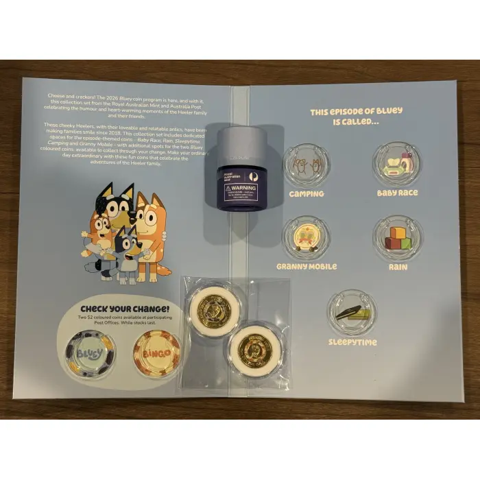 2026 Bluey $2 UNC Collector Folder with sealed tube, plus 2 coloured till coins.