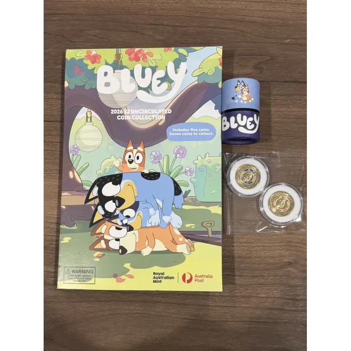 2026 Bluey $2 UNC Collector Folder with sealed tube, plus 2 coloured till coins.