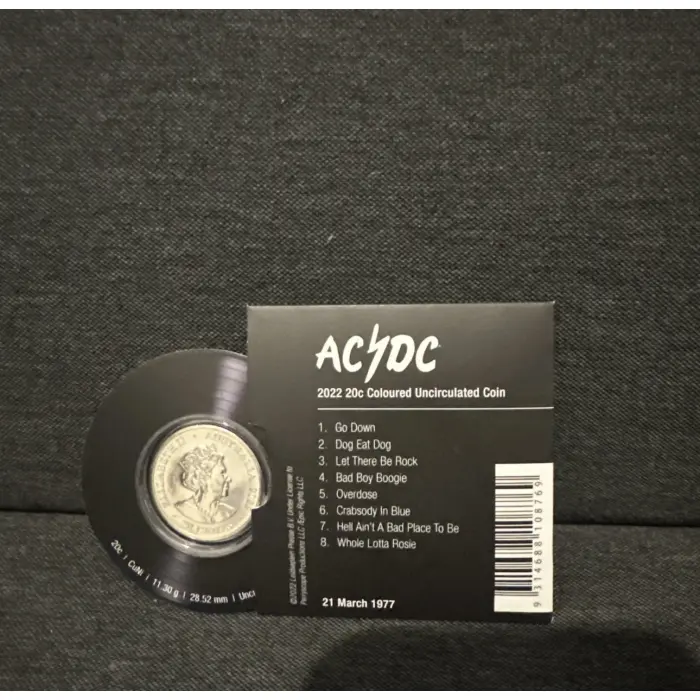 2023 AC/DC "Let There Be Rock" COLOURED 20c UNC COIN In Album Sleeve card
