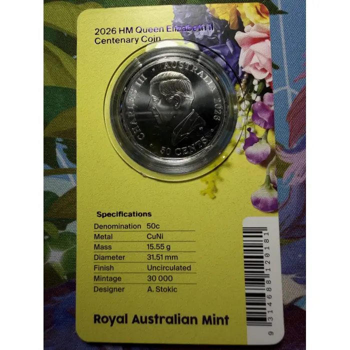2026 HM Queen Elizabeth II Centenary 50c Coin Card