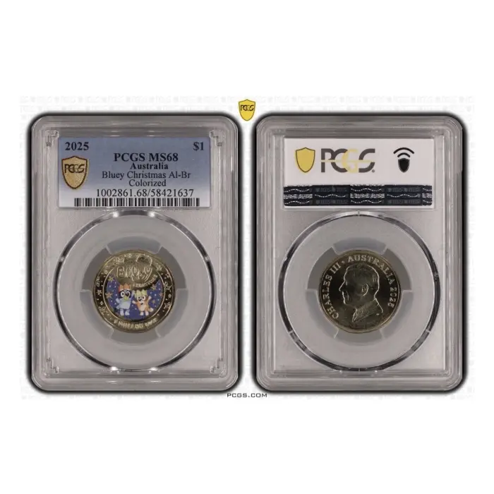 2025 $1 Bluey Christmas Colorised coin PCGS MS68