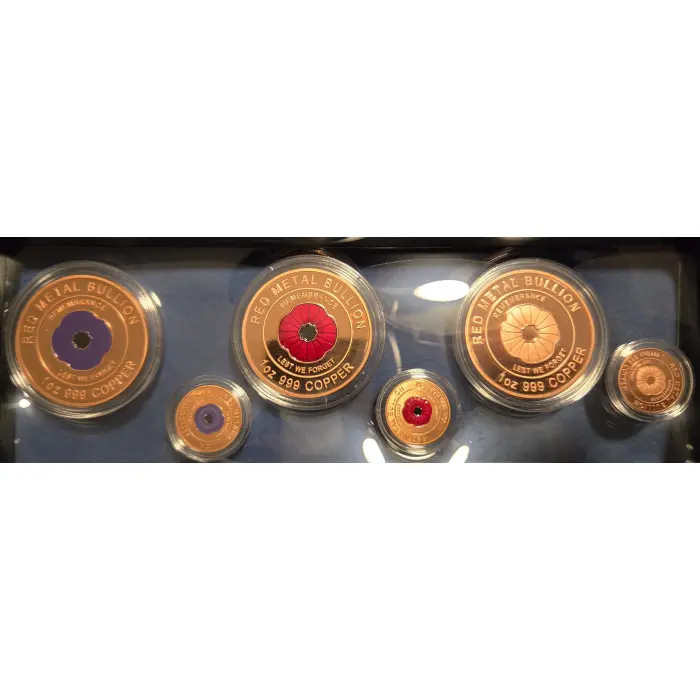 Red poppy copper bullion in stand up display. Purple poppy. Copper poppy.  3+ oz