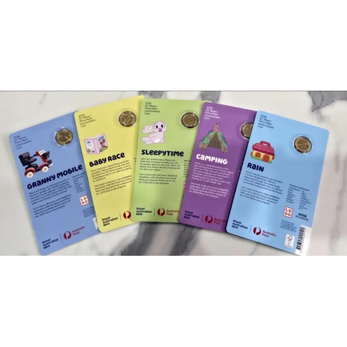 Complete BLUEY  $2 coin on card. Set of 5