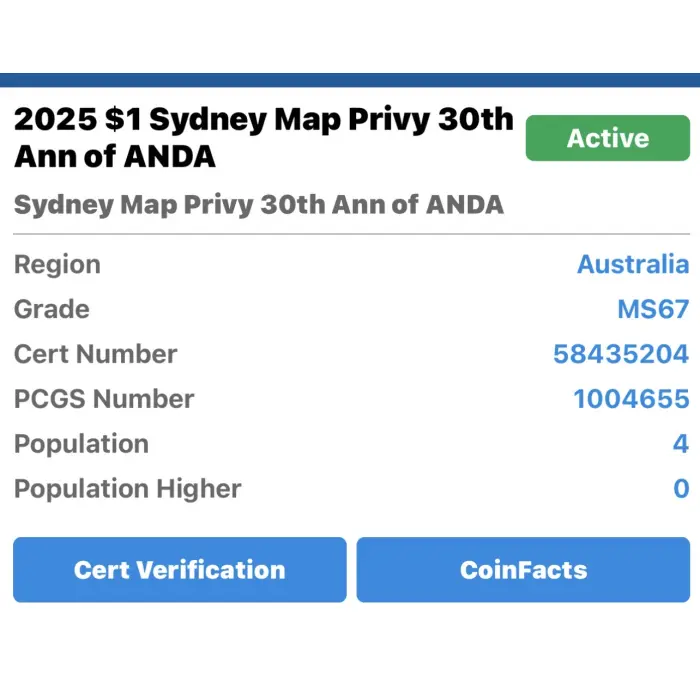 **TOP POP ** MS67 - 30th Ann of ANDA- Sydney Map Privy