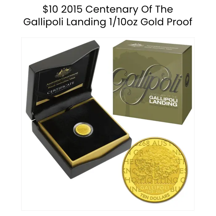 $10 2015 Centenary Of The Gallipoli Landing 1/10oz Gold Proof