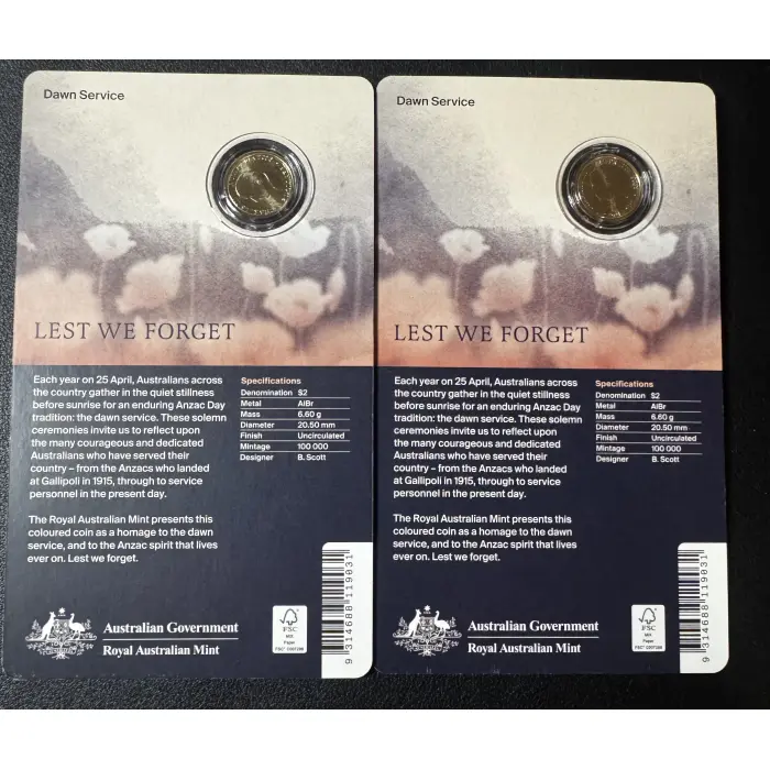 2 x 2026 $2 Dawn Service ‘C’ Mintmark on card