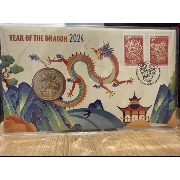 2024 PM Australia PNC Lunar New Year Of The Dragon $1 Dollar Coin & Stamps