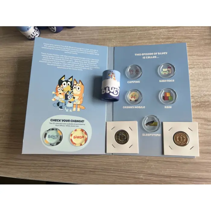 🔥2026 Bluey $2 Folder Tube FULL Set 7 coins  Inc 2 Coloured Till Coins (Opened)