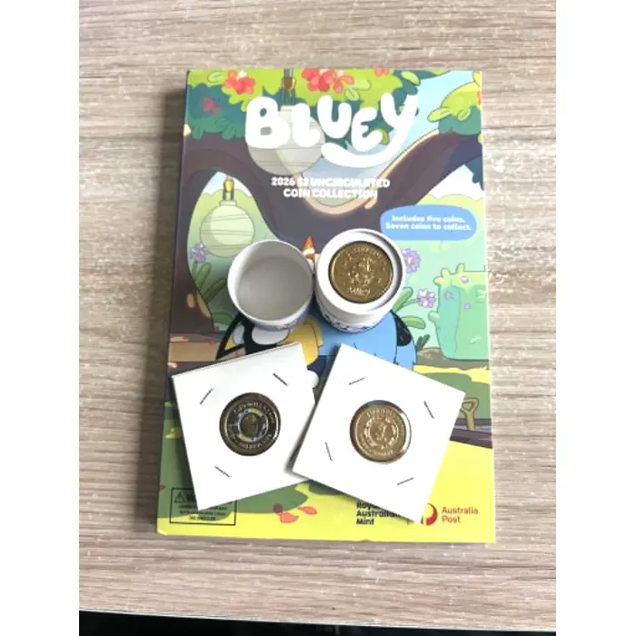 🔥2026 Bluey $2 Folder Tube FULL Set 7 coins  Inc 2 Coloured Till Coins (Opened)