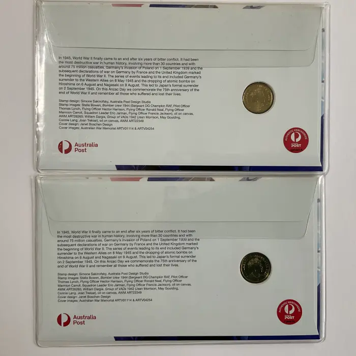 Set of 2 2020 $2 Anzac Day 75th Anniv. End of WWII ANDA Bris Money Expo #017/500