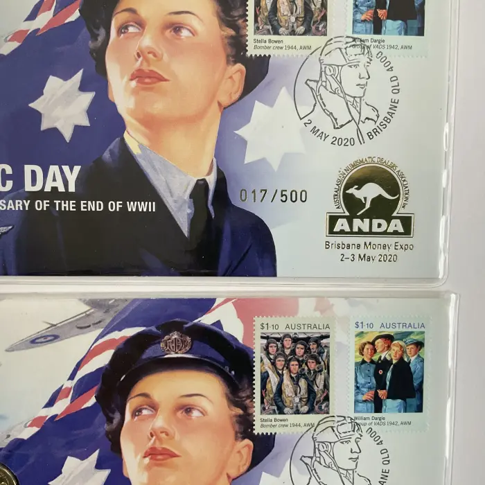 Set of 2 2020 $2 Anzac Day 75th Anniv. End of WWII ANDA Bris Money Expo #017/500