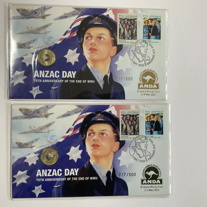 Set of 2 2020 $2 Anzac Day 75th Anniv. End of WWII ANDA Bris Money Expo #017/500
