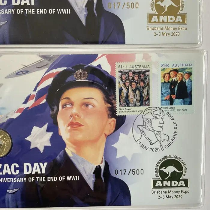 Set of 2 2020 $2 Anzac Day 75th Anniv. End of WWII ANDA Bris Money Expo #017/500
