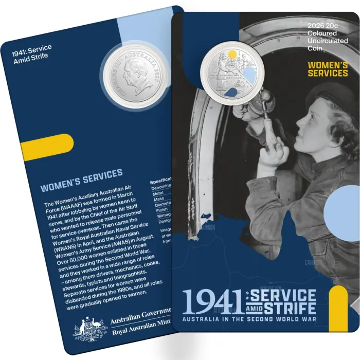2026 20 cent Coloured Three Coin Set - 1941 Service & Strife - Australia in the Second World War in Sleeve