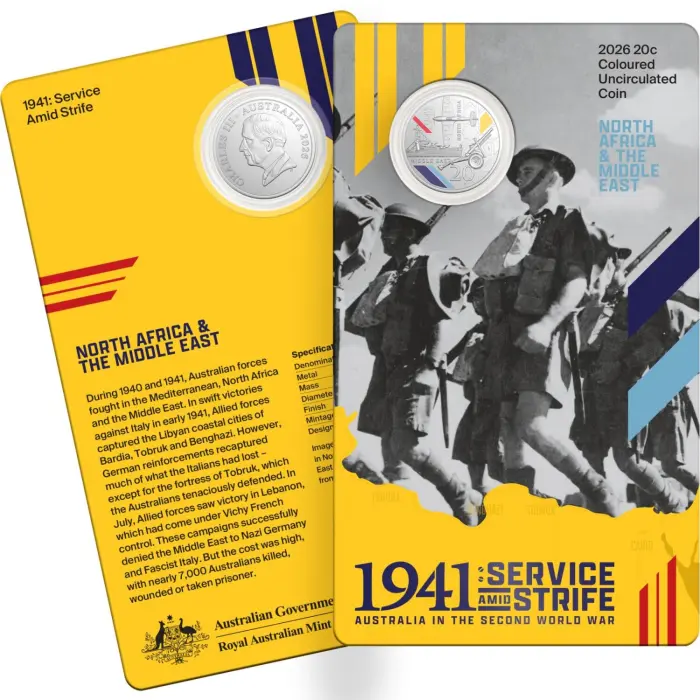 2026 20 cent Coloured Three Coin Set - 1941 Service & Strife - Australia in the Second World War in Sleeve