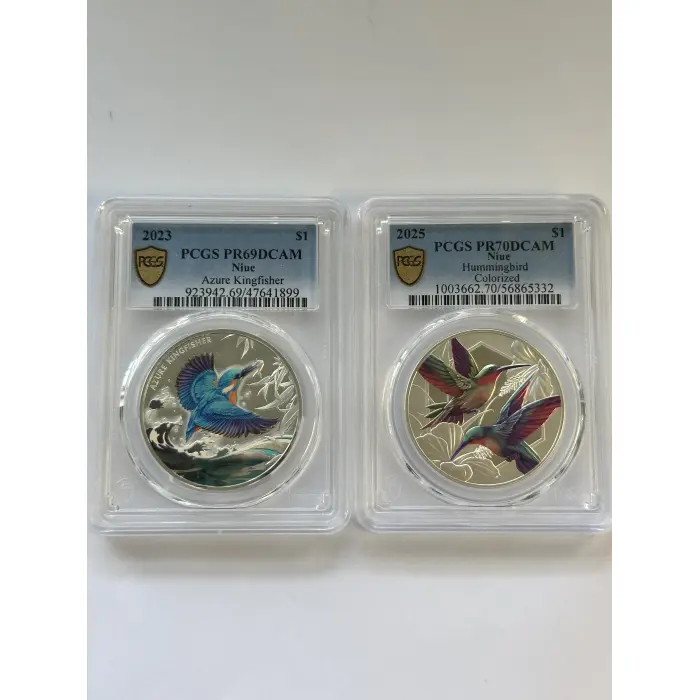 Azure Kingfisher & Hummingbird 1oz Coloured Proof Coins Graded