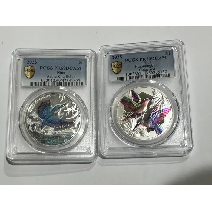 Azure Kingfisher & Hummingbird 1oz Coloured Proof Coins Graded