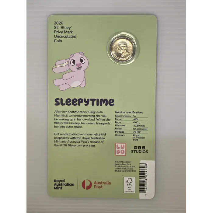 BLUEY 2026 $2 COIN IN CARD WITH PRIVY MARK – SLEEPYTIME