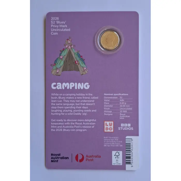 2026 $2 Bluey Camping 'Privy Mark' Coin in Card